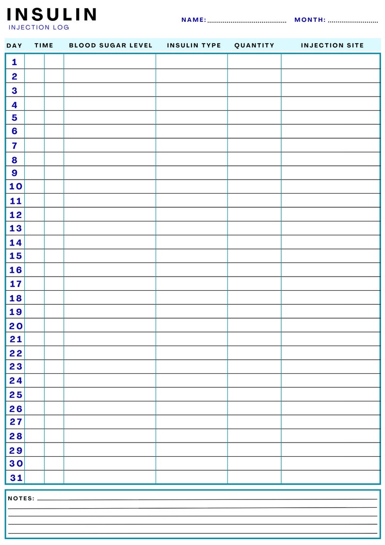 Insulin Injection Log PRINTABLE Day Time Blood Sugar Etsy UK