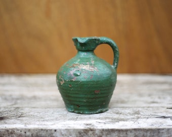 Vintage pottery, small terracotta pitcher painted green, kitchen, decoration, pottery, pitcher, jug