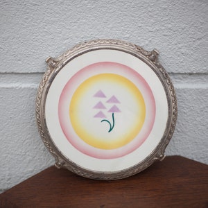 Vintage ceramic trivet, rimmed earthenware trivet with metal foot, round trivet, flat support, modernist, trivet
