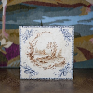 Old ceramic tile, the pond, earthenware trivet, landscape tile, decoration