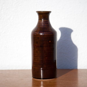 May include: A dark brown ceramic vase with a narrow neck and a wide base. The vase has a glossy finish and a striped pattern.