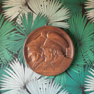 Wall wooden frame, carved wooden portrait signed Morlet, signed wooden painting, round frame, wall decoration, countryside, rustic, 40's