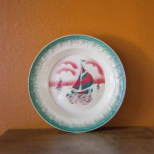 Plat céramique vintage, plat céramique Moulin des Loups St Amand, motif bateau, navire, plat de service, french ceramic, 50&#39;s