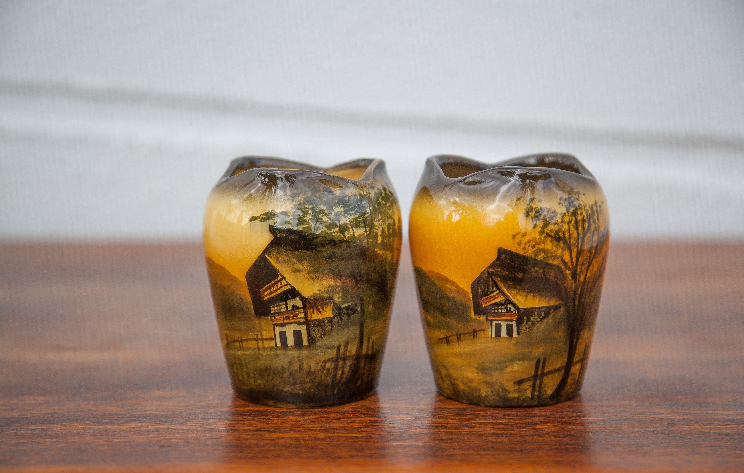 Paire de Vases Vintage, Majolika Smf Schramberg, Vase Céramique avec Paysage, Petit Décoratif, Colle