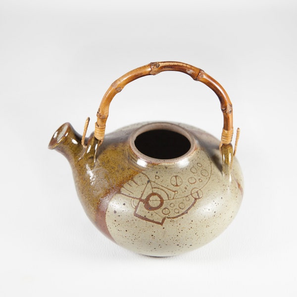 Theière grès avec anse poterie Beceleuf pot à fleurs, poterie signé, poterie avec dessin colombe, déco