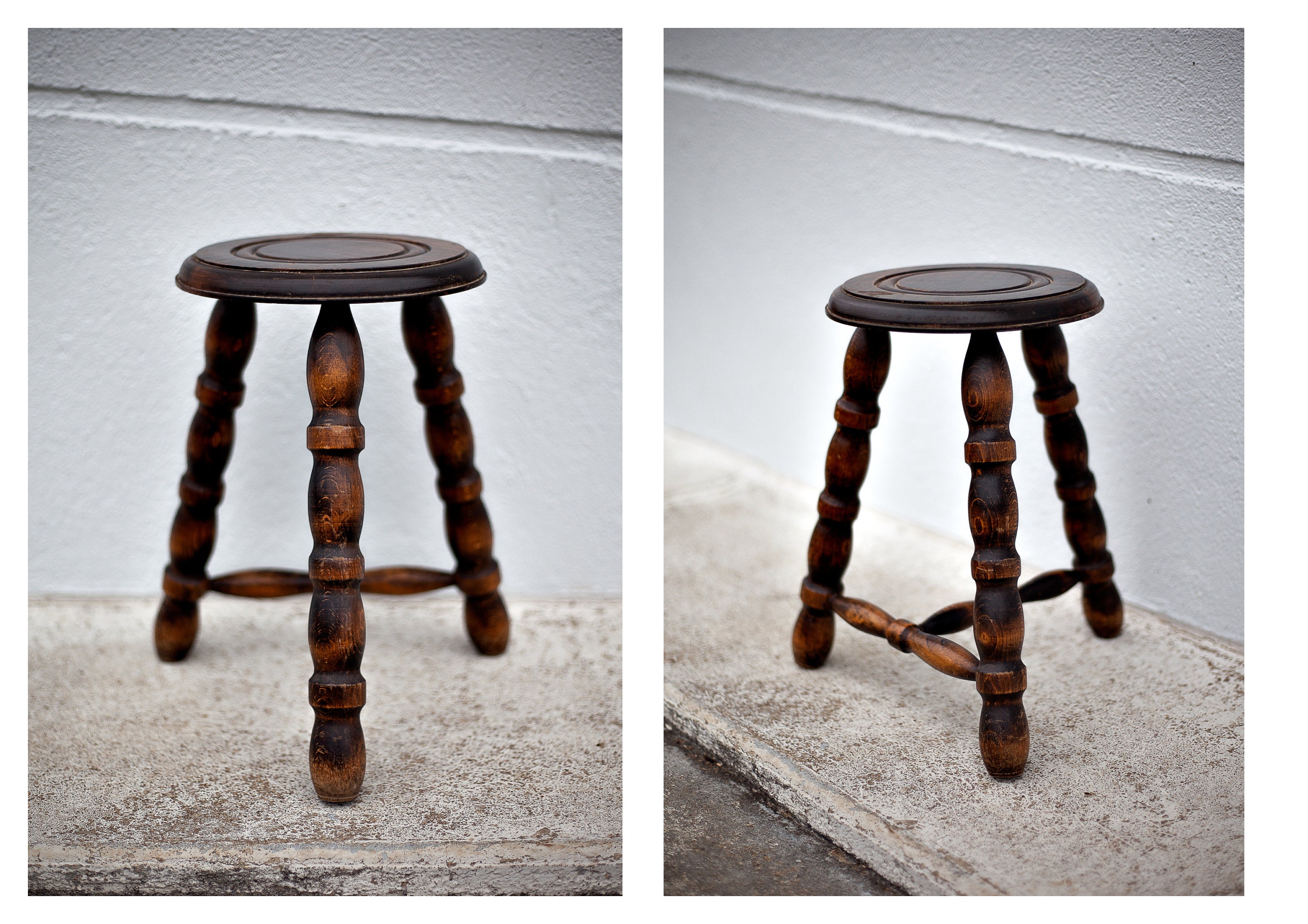 Tabouret Bois Vintage, Tabouret Tripode, Bois, Rond, Porte-Plante d'appoint, Wood Stool, Stool