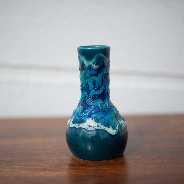 Vase fat lava vintage, petit vase bleu, vase céramique, soliflore, rétro, collection, décoration intérieur, home decor