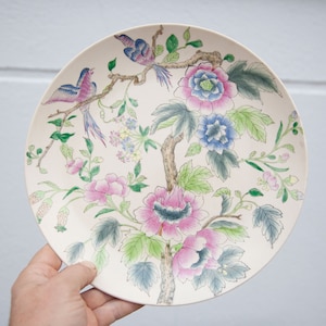 Vintage porcelain plate, decorative plate made in Macau, birds and flowers decor, Asian, interior decoration, decorative plate