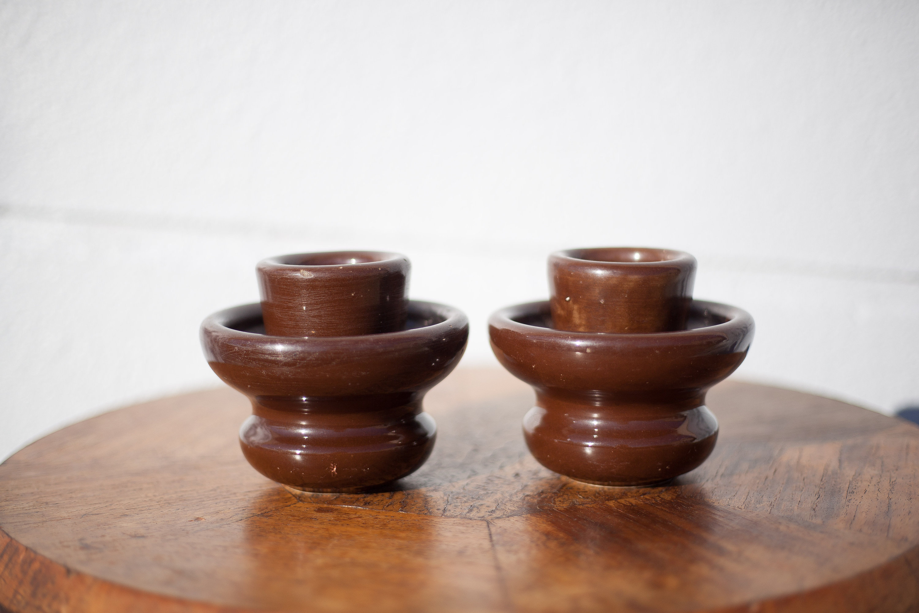 Pair of brown ceramic insulator, old brown porcelain electrical insulator, original candle holder, industrial, kitchen, decoration