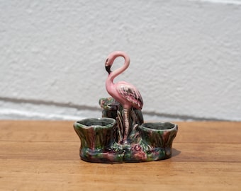 Set di saliera e pepiera in ceramica vintage anni '50, con decorazione a fenicottero rosa, saliera e pepiera in ceramica, set di posate con fenicottero rosa