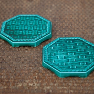 Digoin France coaster or bottle coaster x 2, modernist green ceramic coaster, trivet, French ceramic
