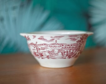 Keramikschale, Ohrschale, weiße Schale mit Toile-de-Jouy-Jagdmuster, Lunchschale, rosa, Landhausschale, Küche, Camping, Schale