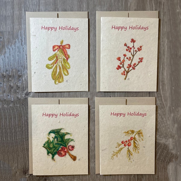 Plantable Holiday Cards | Christmas Card | Set of 4 | Hand Drawn | Wildflower Seed Paper | Classic Holiday