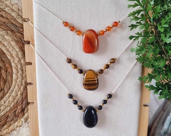 Gemstone Macrame Necklace (Carneol, Tiger Eye, Tourmaline) / Handmade / Selectable