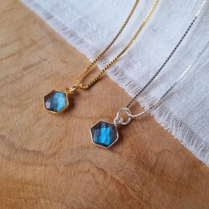 Labradorite necklace pendant faceted silver and gold plated / hexagon image 1