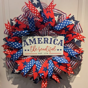 Red White Blue Patriotic America the Beautiful Deco Mesh Wreath for Thin Doors