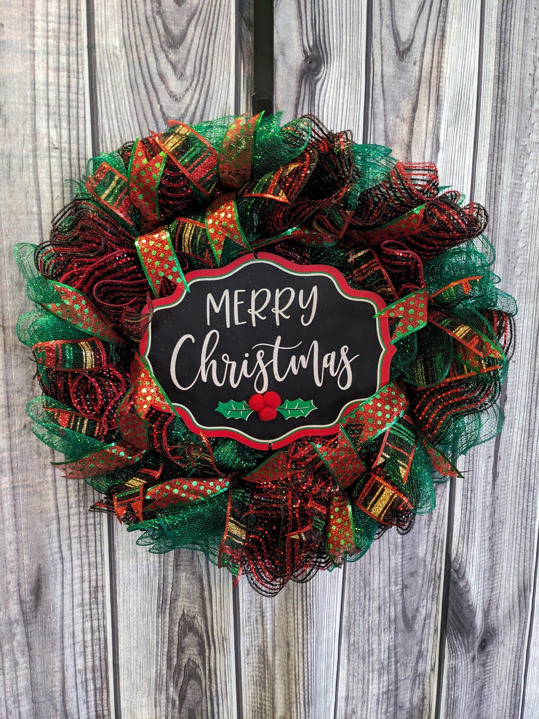 Red Green Merry Christmas Deco Mesh Wreath - Etsy
