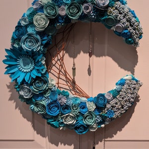 Shades of Blue Rolled Flower Crescent Moon Wreath with Healing Crystals
