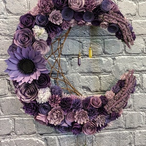 Purple Rolled Flower Crescent Moon Wreath with Healing Crystals