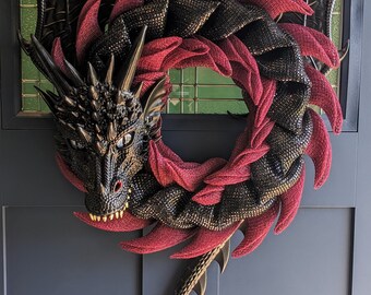 Burgundy Black Dragon Wreath with Wings and Tail, With/Without Fire