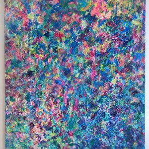 May include: Abstract painting with a vibrant mix of colors. The artwork features a textured surface with visible brushstrokes in shades of blue, pink, green, and yellow. The composition is a dense, all-over pattern, creating a dynamic and energetic visual experience.