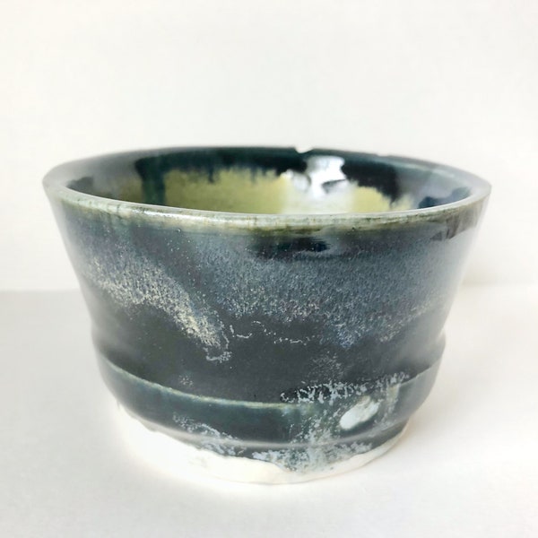 Midnight Blue Cascading Light Speckles and Green Center Porcelain Bowl