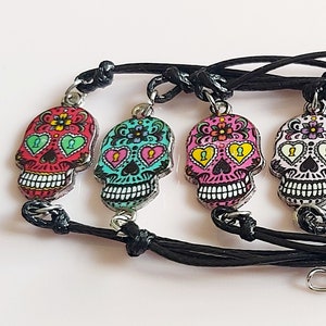 Sugar Skull Bracelet: Colorful Calavera, Adjustable Wax Cord