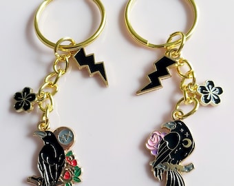 Enamel Raven Keychain: Gold Tone Mystical Bird with Flowers Keyring