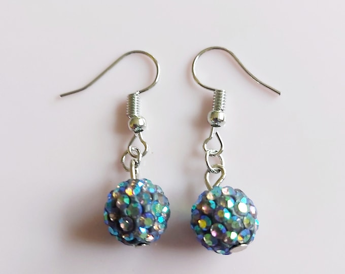 Glitterball Dangle Earrings: Crystal Rhinestone Disco Ball, Stainless Steel