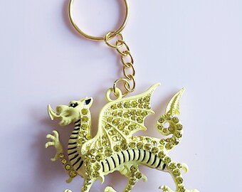 Yellow Rhinestone Dragon Keychain: Gold Tone Chinese Dragon