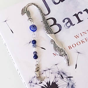 Little Mermaid Bookmark: Beaded Antique Silver Tone with Blue Glass. Book Lover Gift.