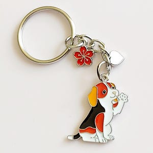Beagle Keyring. White Brown Dog Keychain. White Heart & Red Sakura – Dog Lover Gift – Silver Tone Bag Charm for Backpack or Keys