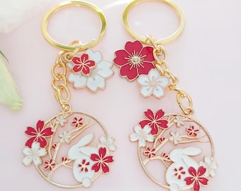 Cute Enamel Keychain Sakura Cherry Blossom White Bunny Custom