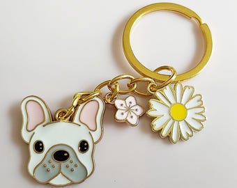 White French Bulldog Keyring: Frenchie Keychain. Silver Tone Puppy