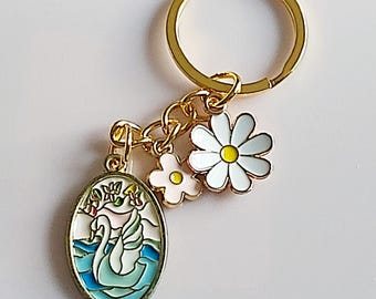 White Mute Swan Keyring.  Daisy Bag Charm. Pastel Bird Keychain. Danish Symbols Gift.