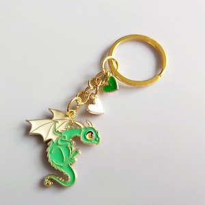Green Dragon Keychain: Enamel Charm with Hearts, Goldtone Keyring