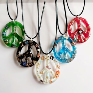 Handmade Lampwork Glass Peace Sign Pendant - 24" Black Cord