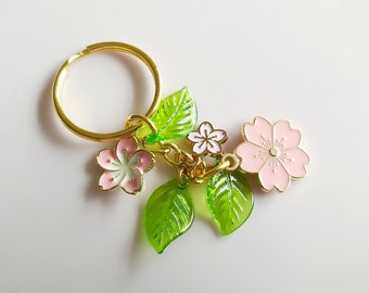 Sakura blossom keyring. Cherry blossom branch keychain. Cascading Sakura pink yellow blue on gold tone keychain. Springtime all year round.