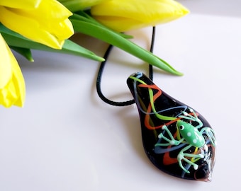 Lampwork Glass Frog Pendant: Black, Wax Cord Necklace
