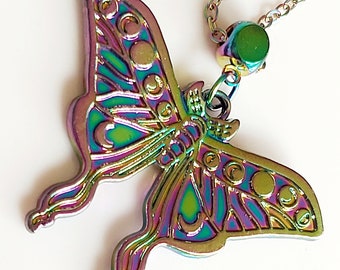 Iridescent Lunar Moth Necklace: Rainbow Moon Phase Pendant, Stainless Steel Chain