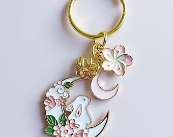 Blossom Moon Bunny Keyring: Enamel Rabbit Keychain