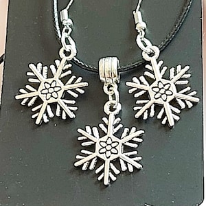 Silver Snowflake Jewelry Set: Stainless Steel Earrings & Wax Cord Necklace