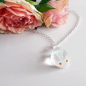 White rabbit necklace. Lampwork glass little bunny necklace on silver plated cable chain. Small white rabbit with pink ears. Easter gift.