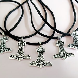 Mjolnir Necklace: Antique Silver Thor&#39;s Hammer Pendant, Faux Suede Cord