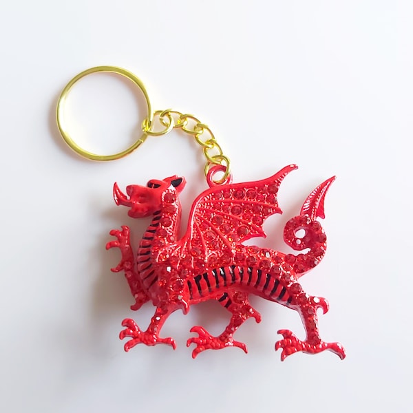 Welsh Dragon keyring. Large rhinestone red or yellow versions available. Bling huge Dewi Dragon keychain. Cymru flag keyring. Y Ddraig Goch.