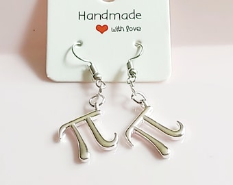 Pi Mathematical Symbol Earrings, Silver Plated Charms and Stainless Steel Wires, Maths Teacher Gift