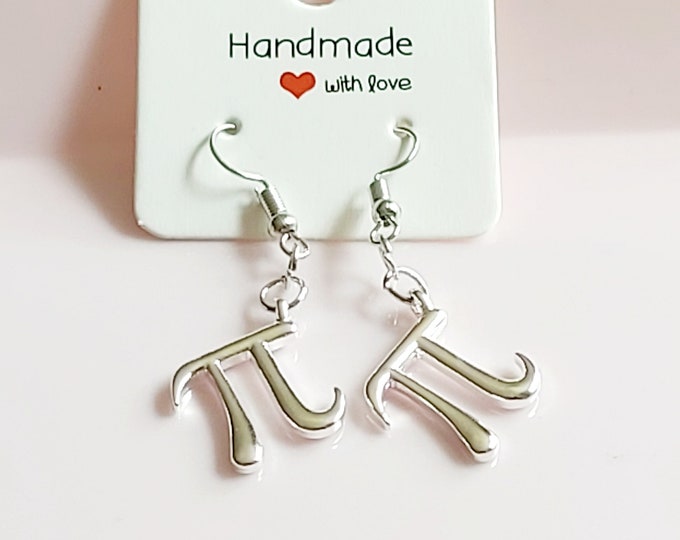 Pi Mathematical Symbol Earrings, Silver Plated Charms and Stainless Steel Wires, Maths Teacher Gift