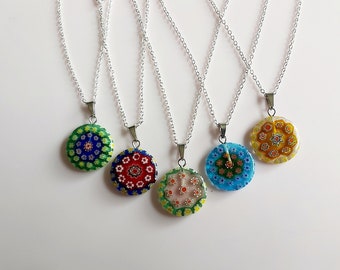 Millefiori circle pendant. Glass blue green red yellow clear millefiore 2cm diameter charm on silver plated cable chain 20 inch necklace.