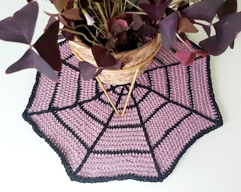Spiderweb large crochet tablemat. Pale purple and black handmade 16 inch (40cm) diameter Halloween doily made with cotton aran wool.