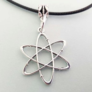 Atom Necklace: Silver Tone Charm, Adjustable Wax Cord - Science Gift